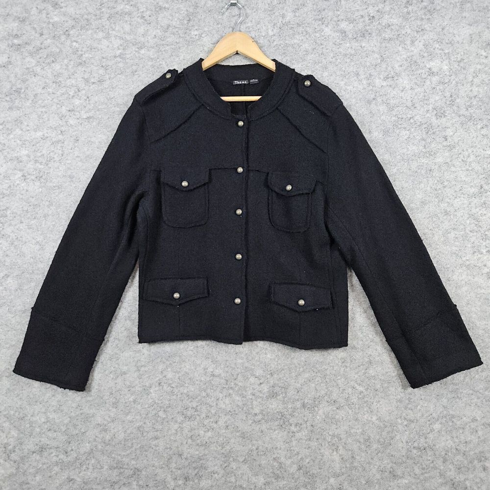 Theme Women's Black Button Front Jacket Size XL 100% Wool Long Sleeves Pockets